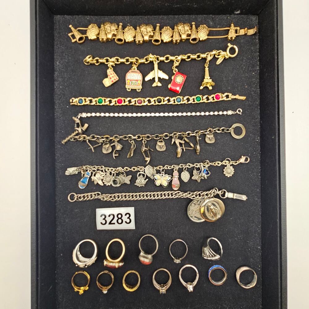 VINTAGE CHARM BRACELET & FASHION RING JEWELRY LOT TRAVEL DANCE PARIS THEME